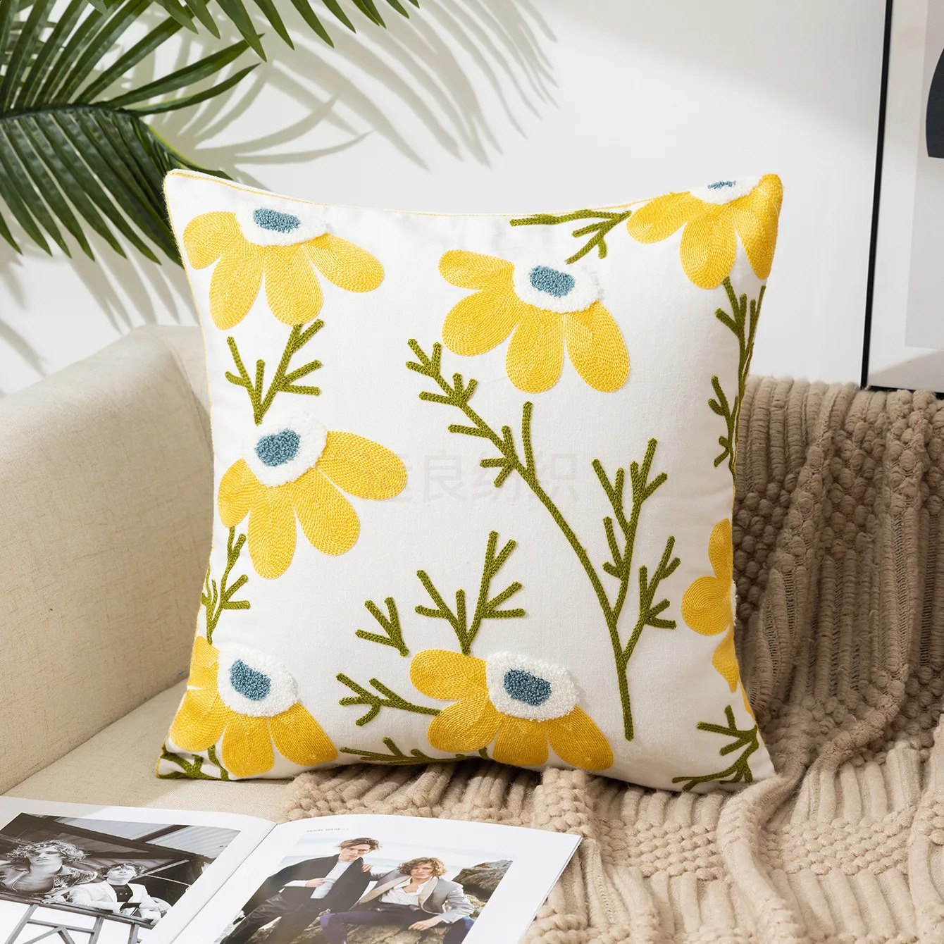 Throw Pillow Cover Decorative Cushion Pastoral Style Home Living Room Sofa Embroidered Flower 240731