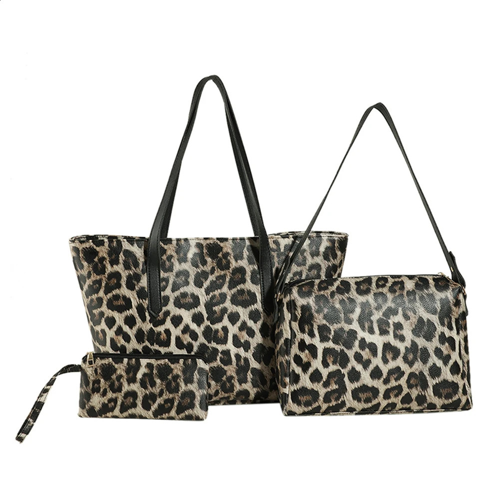Women 3pcs PU Tote Bag Shoulder Bag Leopard Print Zipper Tote Wallet Set 240731