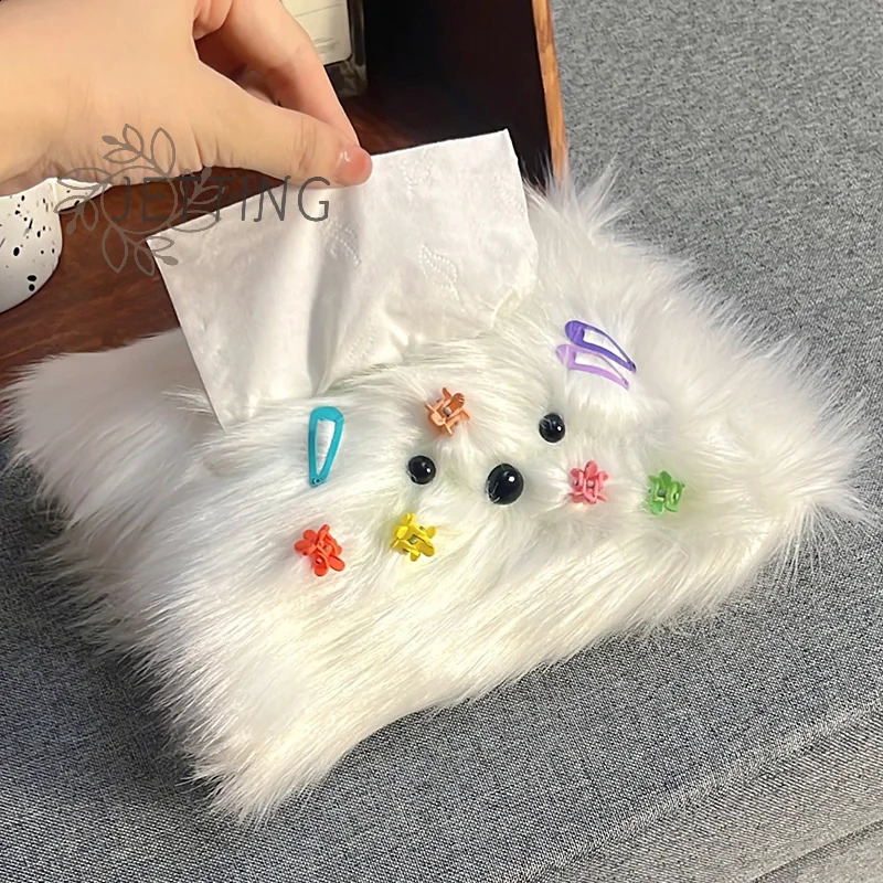 Cute Plush Monster Drawer Box Tissue Box With Little Hairpin DIY Room Table Drawer Paper Holder Paper Box Cover 240731