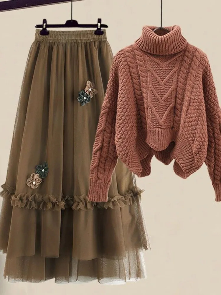 Fall Winter Vintage Two Piece Sets Women Outfit Ladies Warm Thick Twist Turtleneck Knitted Sweatermesh Skirt Set Women Clothing 240731