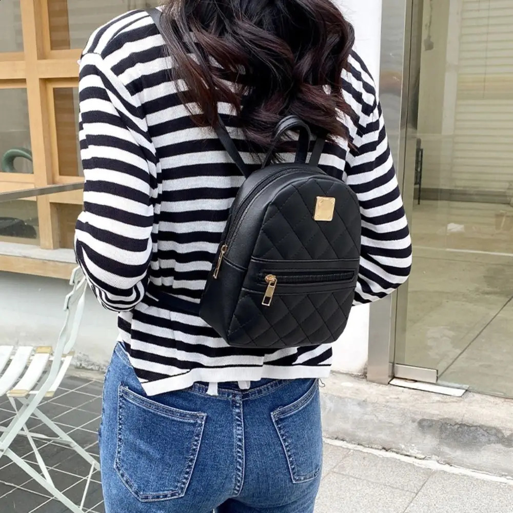 Mini Lingge Embroidered Small Backpack Fashion Solid Color Zipper Womens Shoulder Bag Large Capacity PU Leather Travel Rucksack 240829