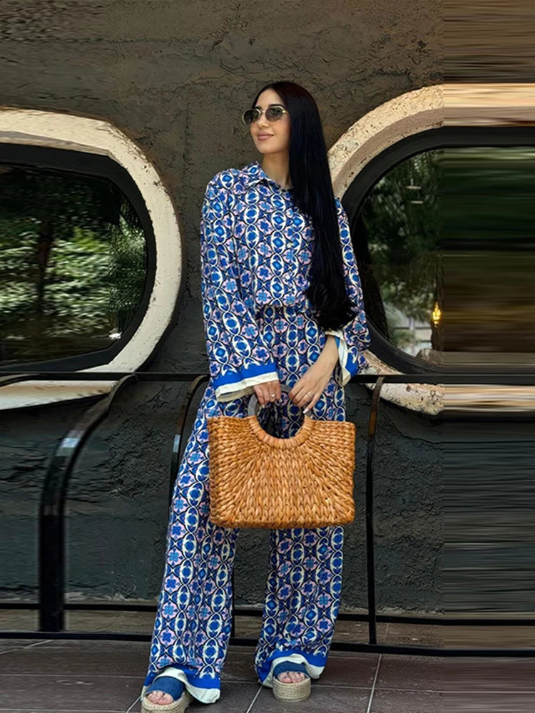Printed Contrast Women Pant Sets Loose Full Sleeve Suit With Blouses Casual Wide Leg Outwear Pants Female Shirt 2 Pcs Set 240731