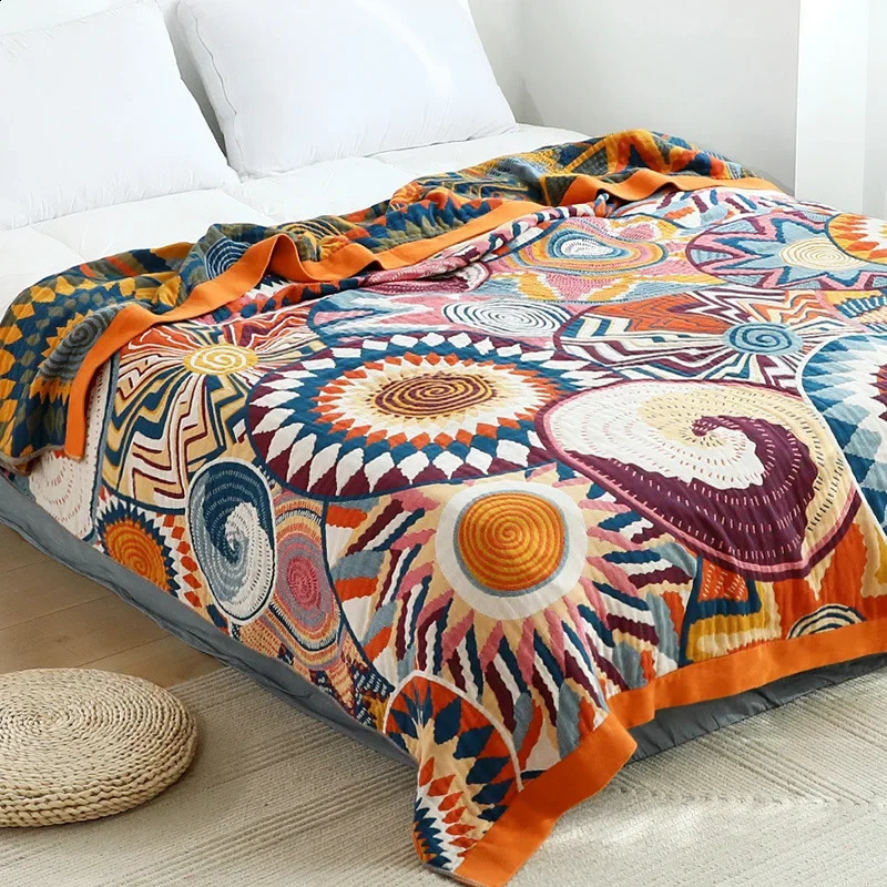 Japanese cotton blankets and throws gauze flowers sofa towel summer air conditioning blanket soft Leisure bedspread boho sheets 240731