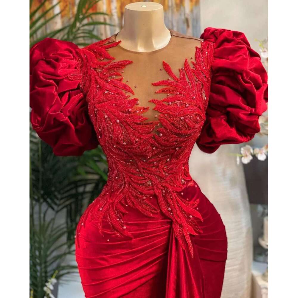Size Plus Red Mermaid Lace Prom Dresses Beaded Sheer Neck Veet Evening Formal Party Second Reception Gowns Dress