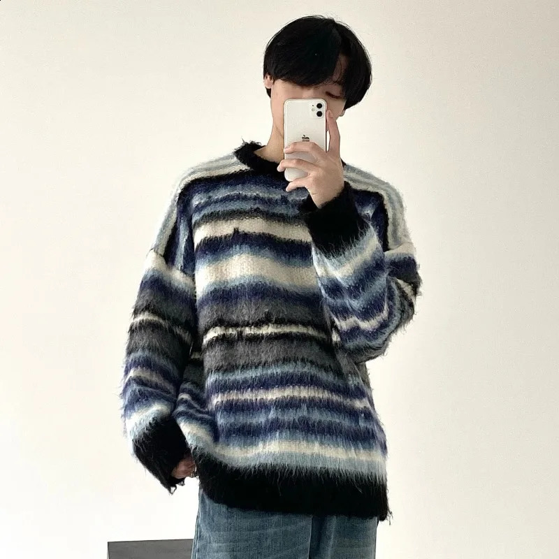 TINT ERA Striped Mens Knitted Sweater Men Top Harajuku Pullovers Sweaters and Jumpers Male Hip Hop Retro Japanese Streetwear 240821