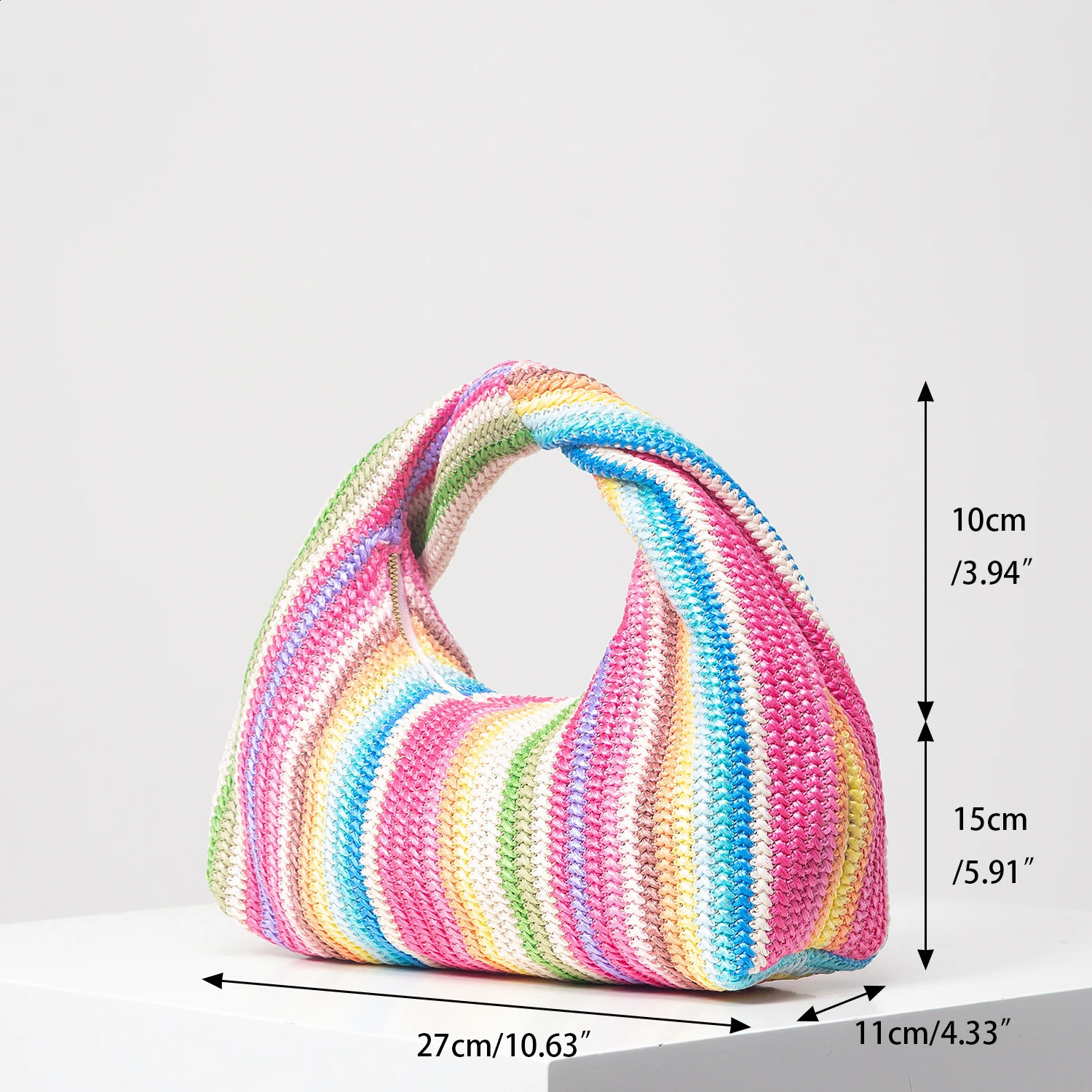 Vintage woven handbag simple bag beach wind rainbow bag holiday casual straw purse random pattern 240730