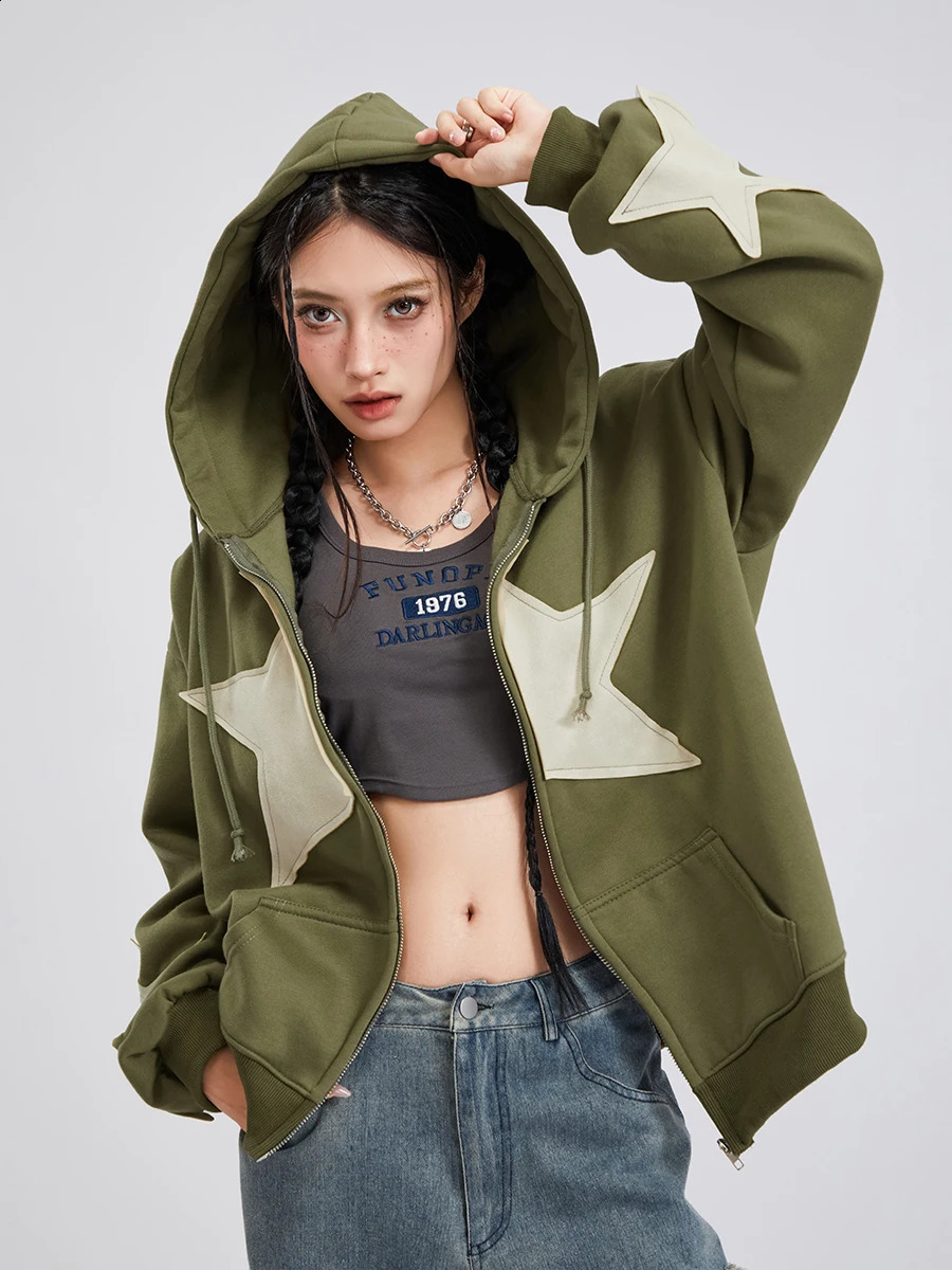 Womens Y2k Zip Up Hoodies Star Print Long Sleeve Graphic Hooded Jacket Aesthetic Oversized Coat Harajuku Streetwear 240813