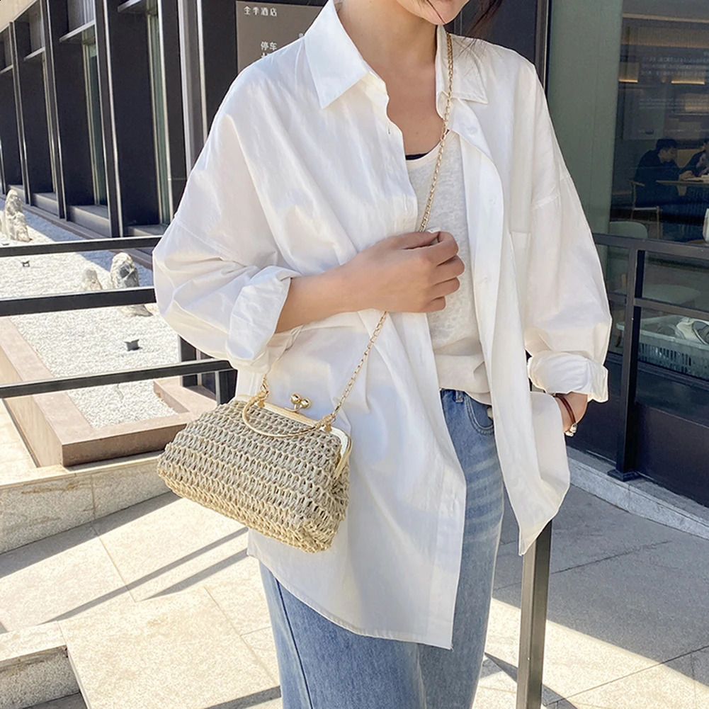 Grass Woven Bag Summer Female Chain Clutch Bag Simple Texture Dinner Party Handmade Casual Elegant Fashion Portable Evening Bag 240813