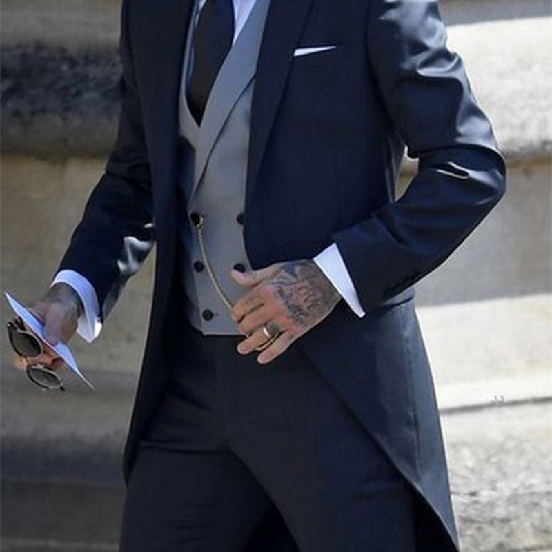 Navy blue tailcoat formal dress set mens jacket vest pants party wedding dance magic performance 240730