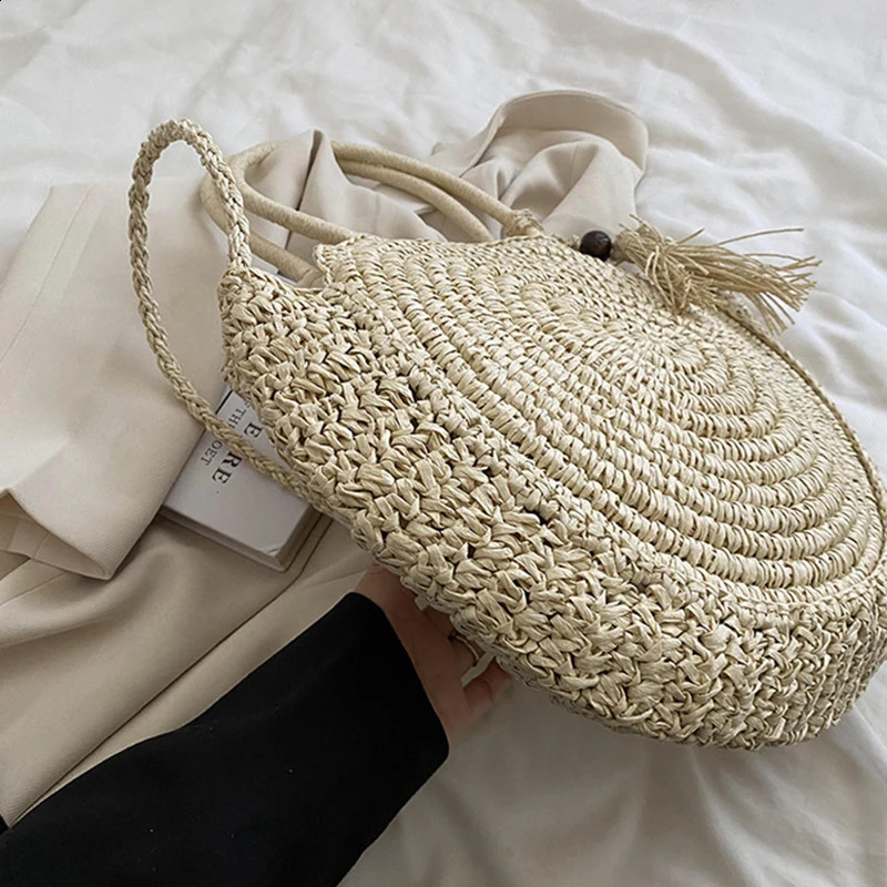 Fashion Straw Shoulder Bags for Women Round Rattan Handmade Woven Beach Bag Female Travel Large Capacity Shopper Tote Handbags 240821