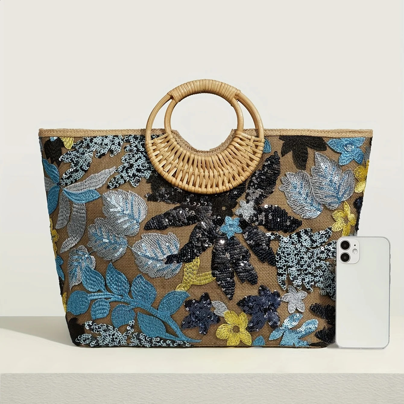 Womens Tote Bag Bead Flower Round Hand Weave Capacity Large Beach 240730