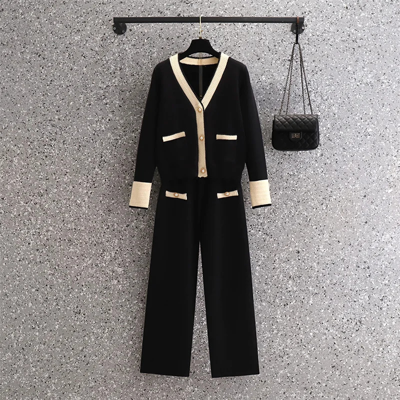 Women Knitting 2-pieces sweater Suit soft V-neck Single-Breasted cardiganPants lady winter sweater Set autumn Tracksuit cloth