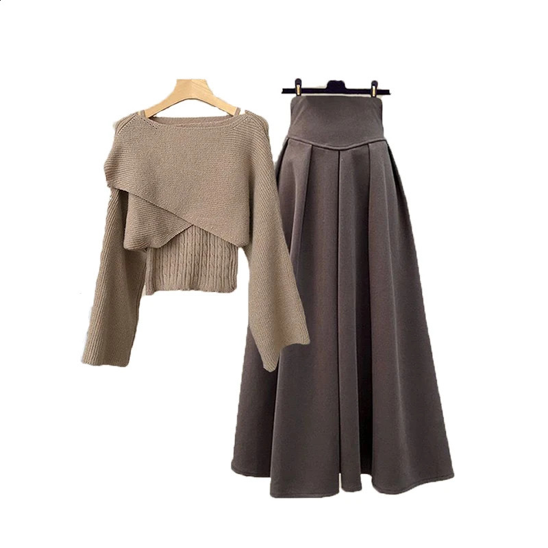 Plus Size Womens Autumn/Winter Set Vintage Knitted SweaterA-line Half Skirt Casual Elegant Womens Two Piece Set 240731