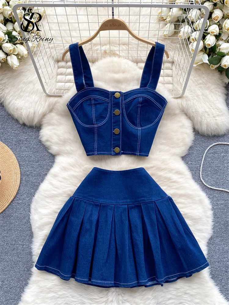 SINGREINY Female Chic Retro Suits Strap Button Elasticity Short TankPleated Mini Skirt Fashion sweet Denim Two Pieces Set 240812