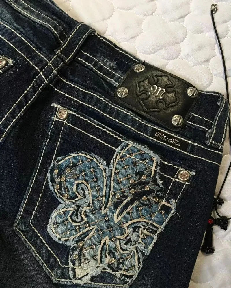 American Fashion Oversized Embroidered Baggy Jeans Women Y2K High Street Harajuku Gothic Joker High Waist Wide Leg Pants 240806