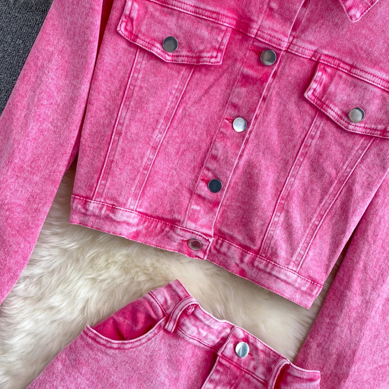 Autumn Women Pink Denim Sets Lapel Long Sleeve Short Denim Jacket High Waist Denim Skirt Korean Female Two Piece Set Streetwear 240812