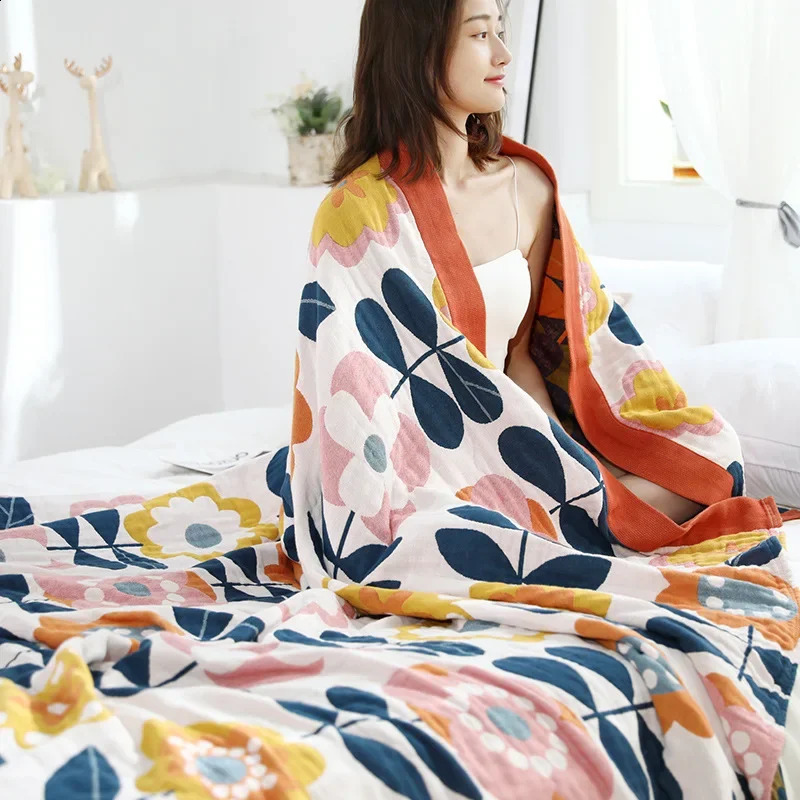Japanese cotton blankets and throws gauze flowers sofa towel summer air conditioning blanket soft Leisure bedspread boho sheets 240731
