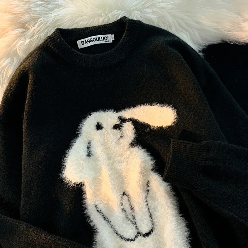 Winter Vintage Rabbit Flocking Sweater Loose Round Neck Long Sleeve Pullover Women Casual Fashion Sweet Sweater Streetwear Tops 240731