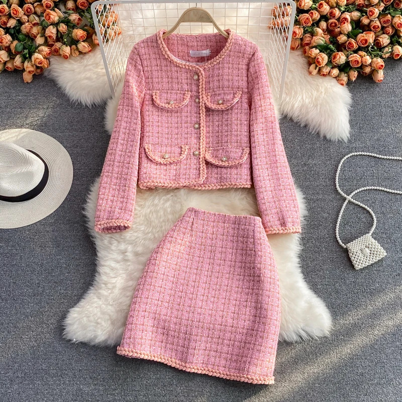 Fashion Two Piece Skirt set autumn winter short suit jacket womens top high waisted and hip wrapped skirt 240731