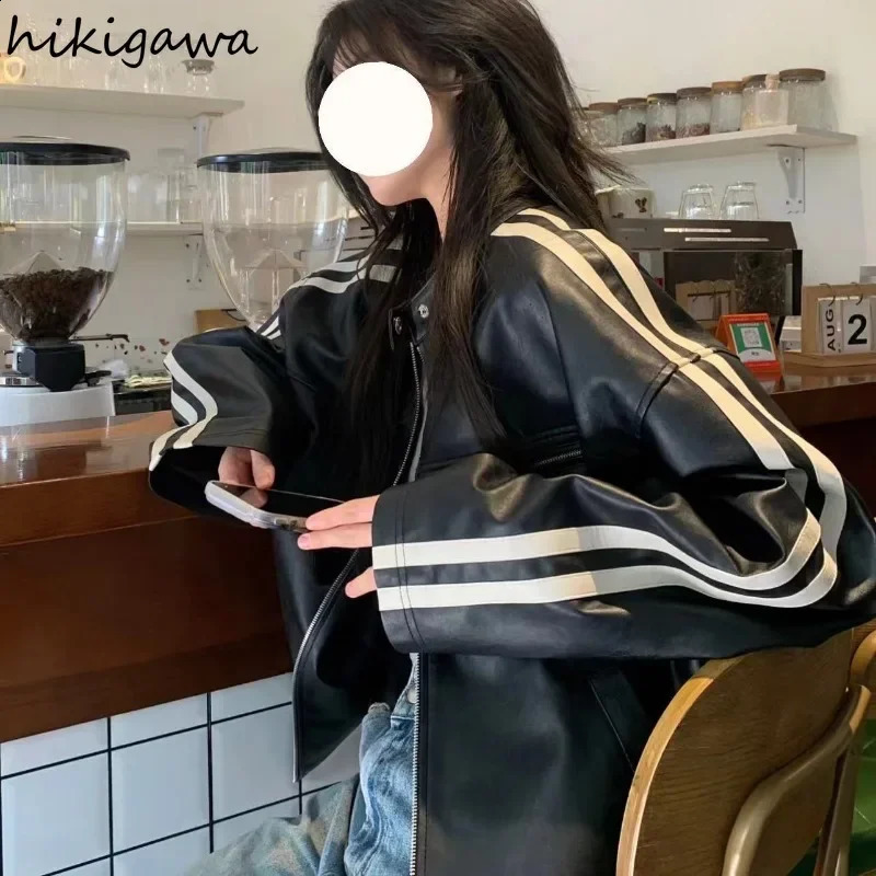 Streetwear Leather PU Jackets Vintage Chic Oversized Tops O-neck Long Sleeve Zipper Y2k Tops Casual Harajuku Black Coat 27t660 240723