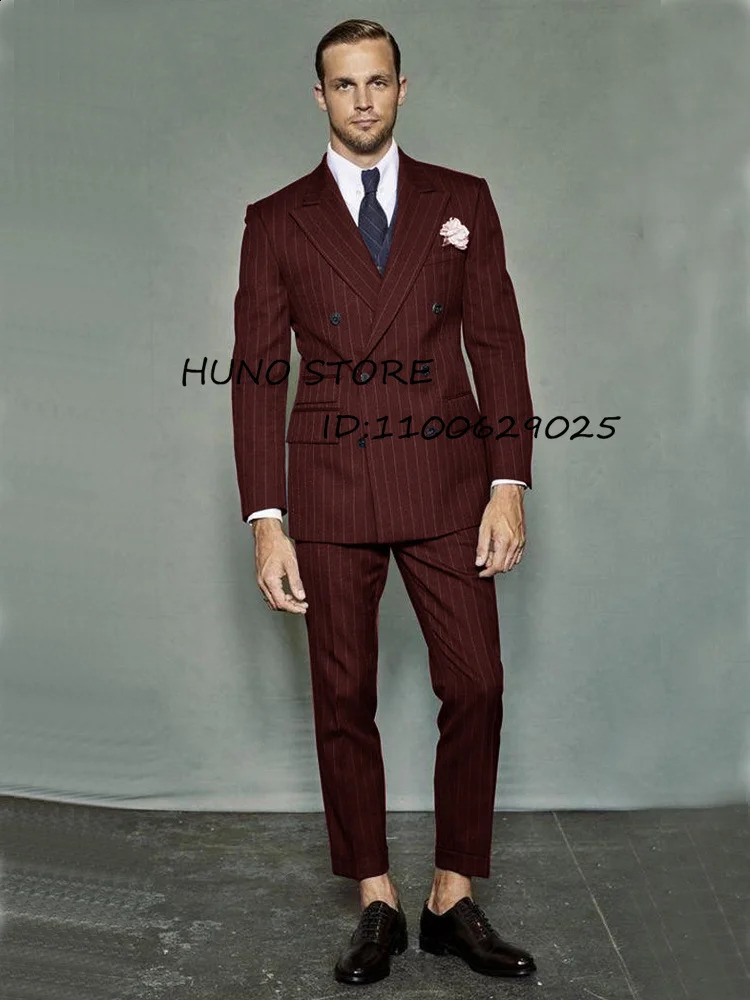 Mens striped twopiece set double breasted wedding groom slim tailed custom tailcoat mens stage 240730