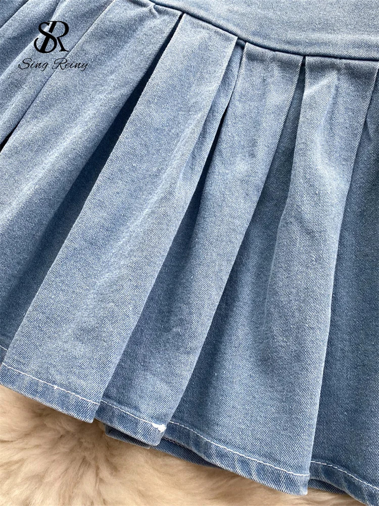 SINGREINY Female Chic Retro Suits Strap Button Elasticity Short TankPleated Mini Skirt Fashion sweet Denim Two Pieces Set 240812