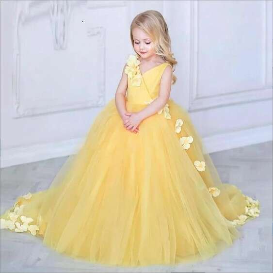 Tulle Yellow Puffy Wer Cute Birthday Shiny Girl Wedding Party Girls Dress First Communion Kids Formal Wear 0218