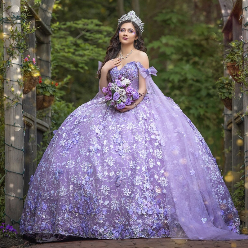 Lavender Shiny Quinceanera Dressess 2024 With Cape Applique Lace Beads Ball Gowns Sweet 16 Dress Vestidos De 15 Anos