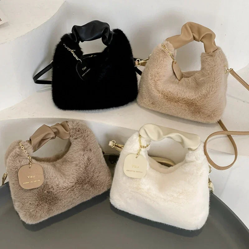 Womens artificial fur plush handbag Ruched handle small womens shoulder cross body bag casual half moon homeless winter 240731Zl