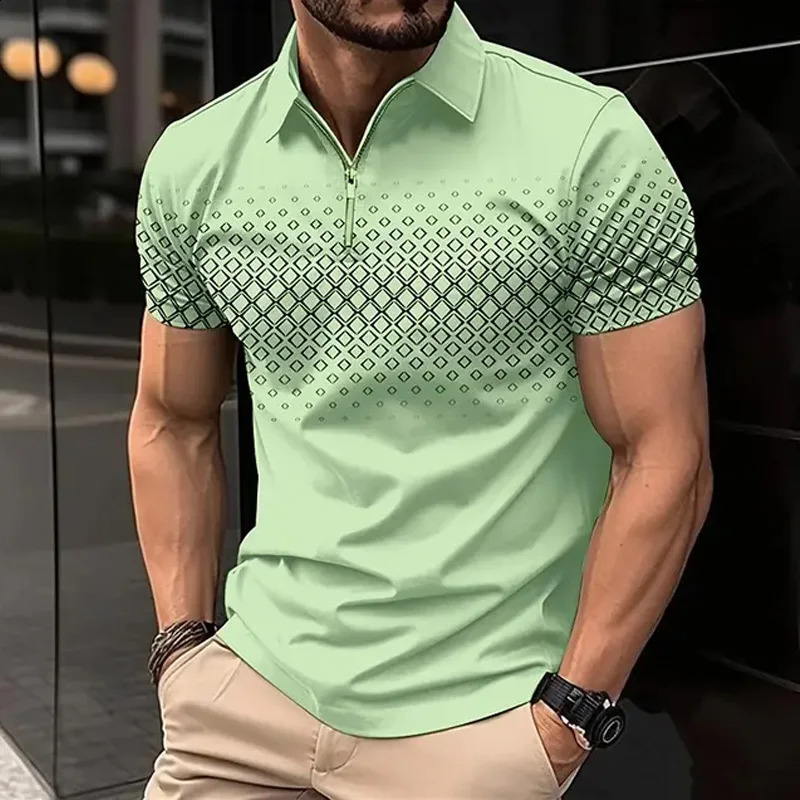 Mens Summer Fashion Lapel Zipper Print ShortSleeved Polo Shirt Light Business Casual Daily Top 240807