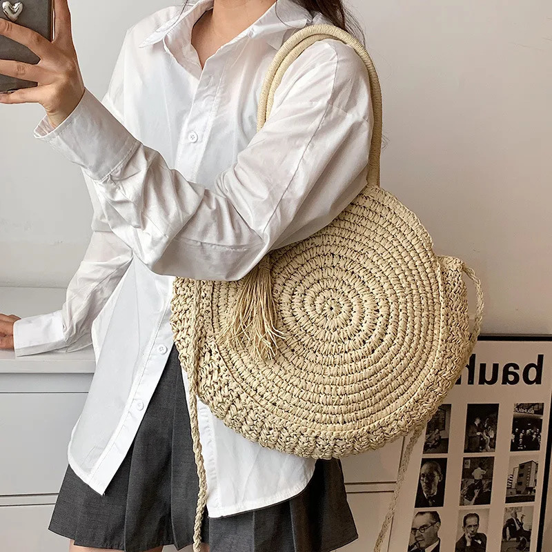 Fashion Straw Shoulder Bags for Women Round Rattan Handmade Woven Beach Bag Female Travel Large Capacity Shopper Tote Handbags 240821