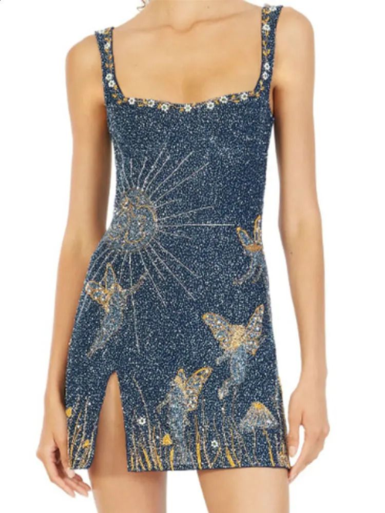Fashion Print Spaghetti Strap Mini Dres Sexy Backless Sleeveless Tight Slit Dresses Ladies Banquet Clubwear Vestidos 240816
