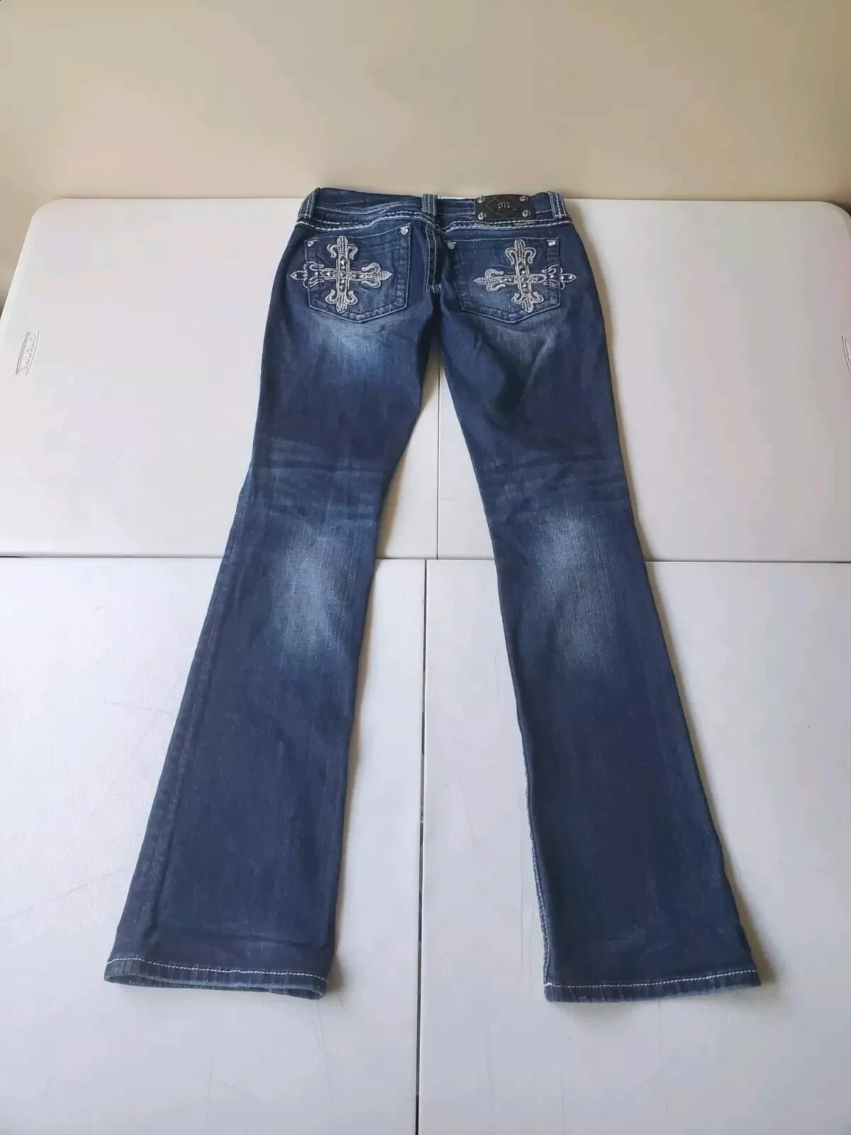 Y2K Gothic Retro Boot Cut Jeans Wons Blue Denim Embroidery Cross Pocket Hip Hop Harajuku Wide Pants Street Wear 240806