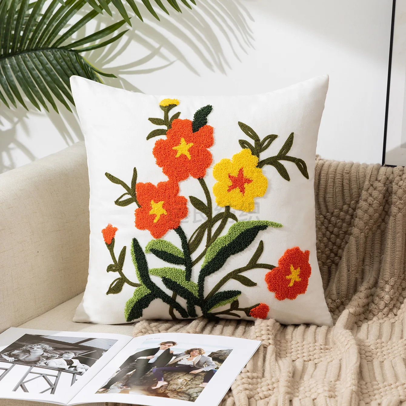 Throw Pillow Cover Decorative Cushion Pastoral Style Home Living Room Sofa Embroidered Flower 240731