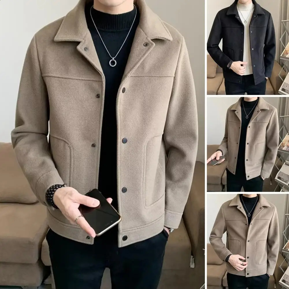 Fall Winter Men Jacket Lapel Single-breasted Thick Woolen Coat Long Sleeve Loose Solid Color Warm Pockets Men Fall Winter Coat 240812