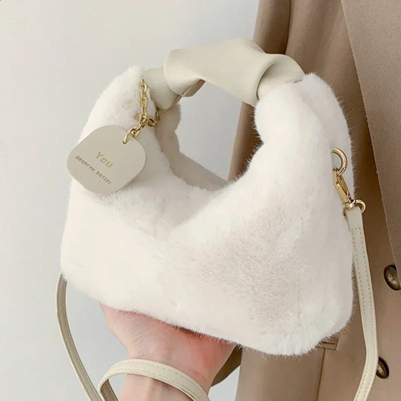 Womens artificial fur plush handbag Ruched handle small womens shoulder cross body bag casual half moon homeless winter 240731Zl