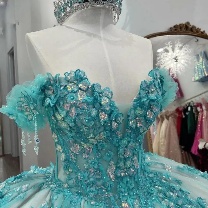 Champagne Mint Quinceanera Dress Ball Gown Off The Shoulder Lace Applique Beading Tull Mexican Corset Sweet 16 Vestidos De 15 Anos