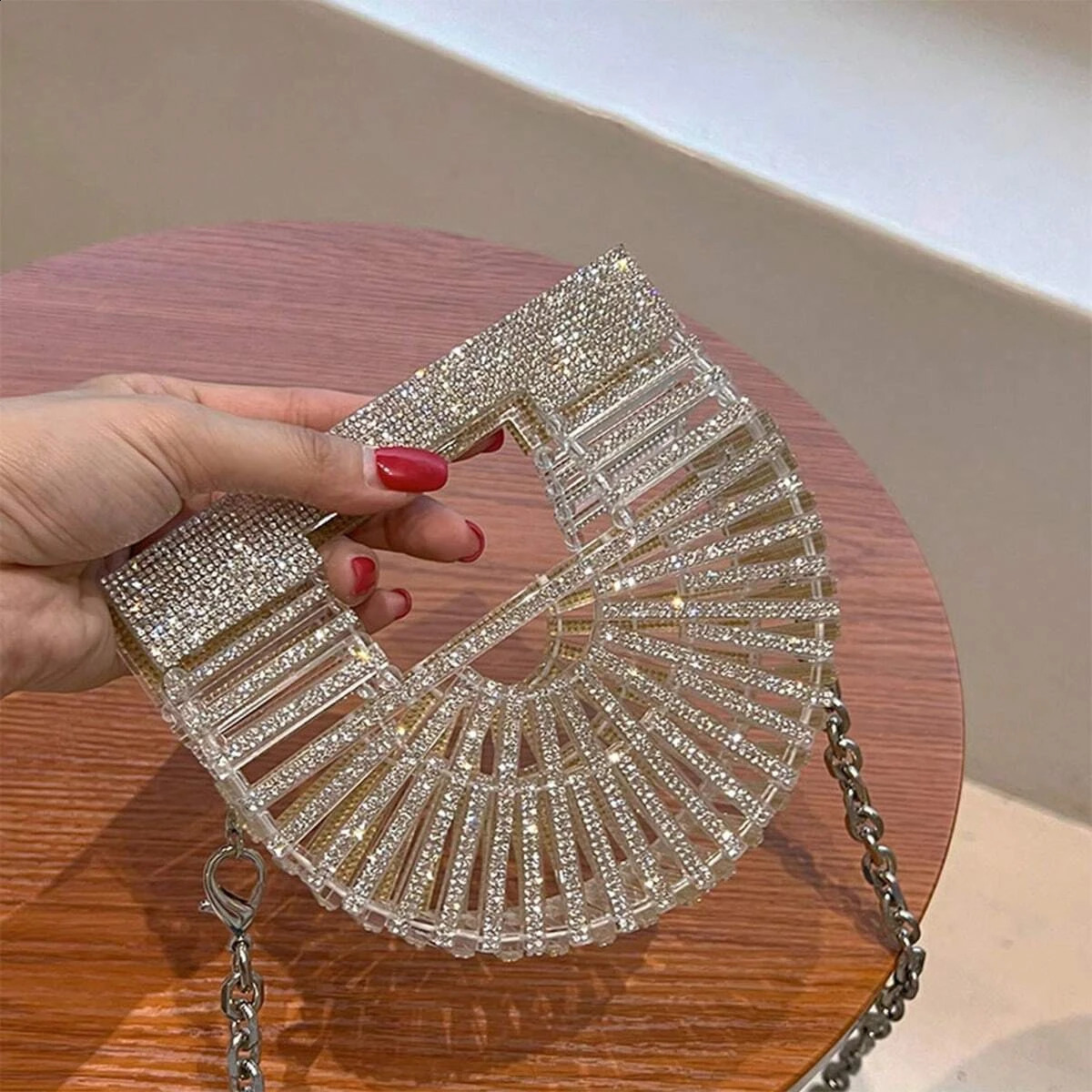 womens half moon banquet hollow out dia basket wallet mini evening handbag shiny crossbody bag 240731 0def