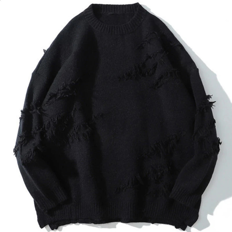 Retro sweater hip-hop Harajuku mens clothing street wear latte art oversized sweater torn solid color hole wool knitted top 240829