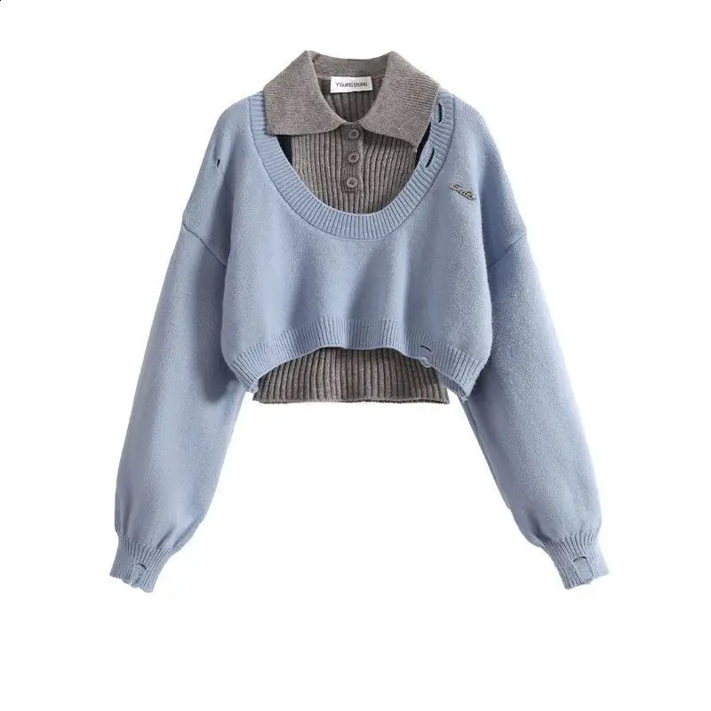 Autumn and Winter Set Womens Korean Knitted Sweater Womens Polo Neck Tank Top Versatile Workwear Three Piece Set 240731