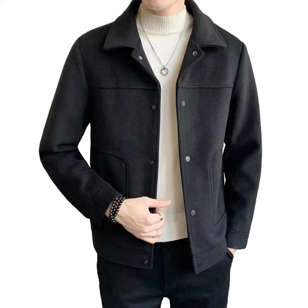 Fall Winter Men Jacket Lapel Single-breasted Thick Woolen Coat Long Sleeve Loose Solid Color Warm Pockets Men Fall Winter Coat 240812