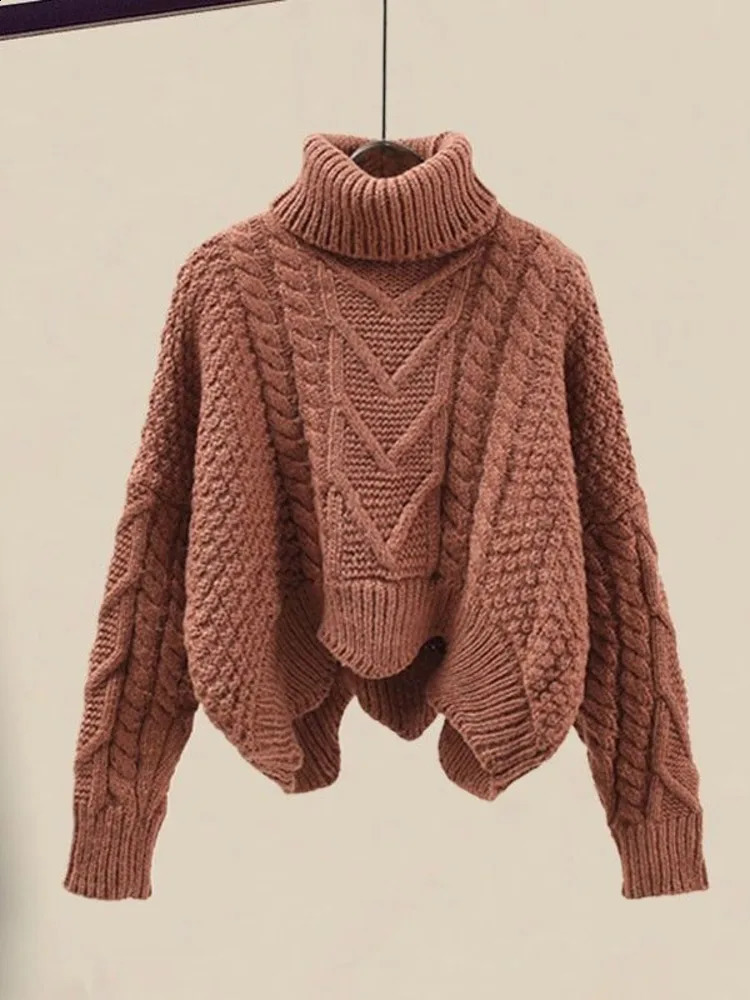 Fall Winter Vintage Two Piece Sets Women Outfit Ladies Warm Thick Twist Turtleneck Knitted Sweatermesh Skirt Set Women Clothing 240731