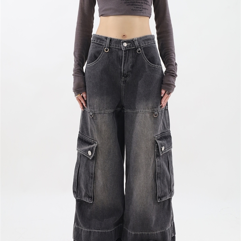 Women Black Gothic Cargo Jeans Baggy Harajuku Aesthetic Oversize Denim Trousers Y2k Jean Pants Vintage Emo 2000s Trashy Clothes 240806