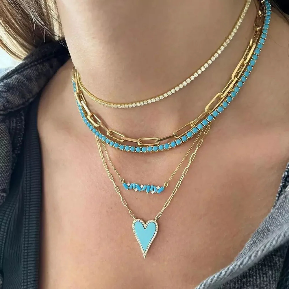 highquality gold galvanized M turquoise laid tennis chain necklace suitable for girls fashionable jewelry 240723