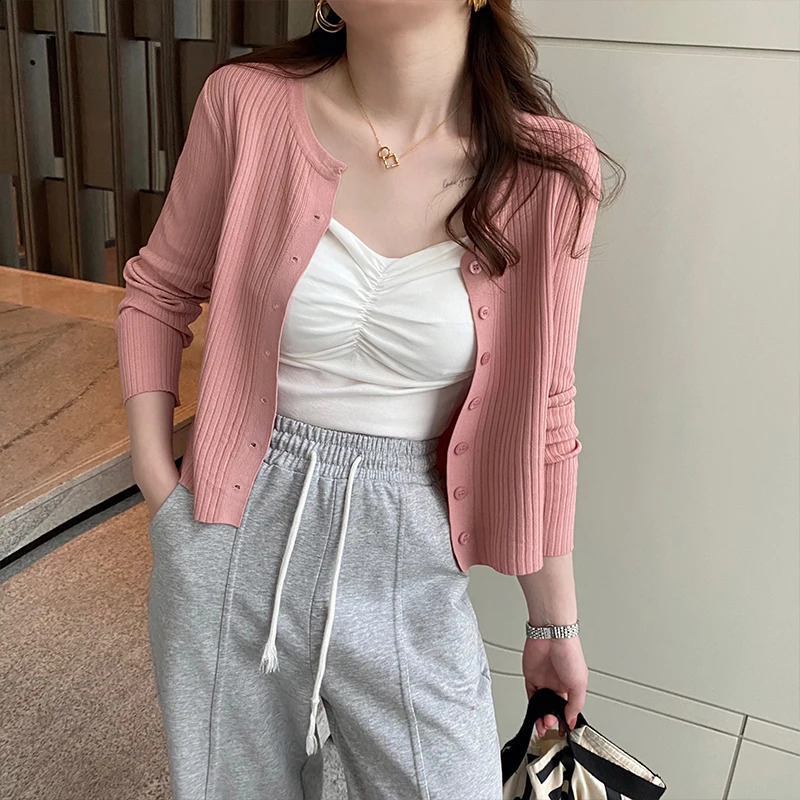 Yellow cardigan thin womens knitted sweater coat spring and autumn sweater with camisole skirt small outer top Y2K 240731