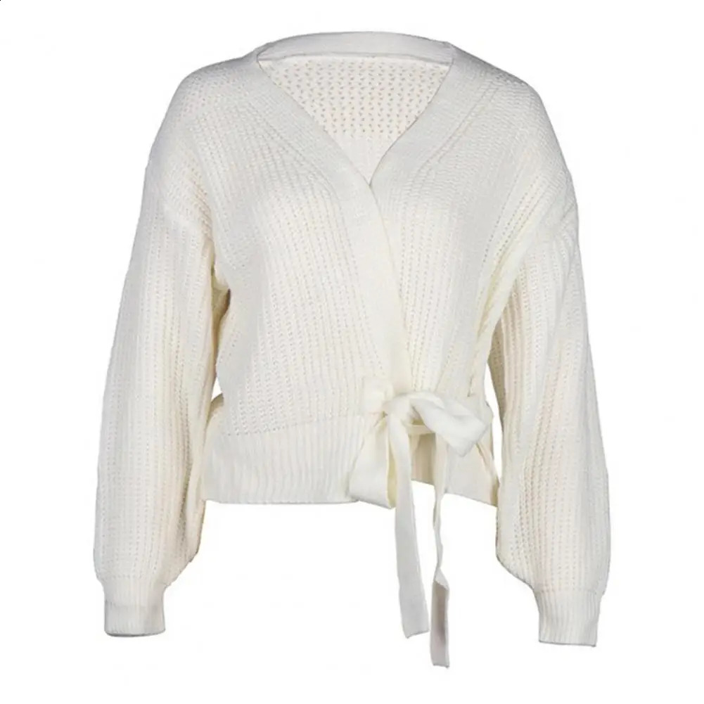 Spring Autumn Longsleeved Knitted Cardigan Fashion Vneck Wrap Top Temperament Laceup Sweater Women Elegant Bottoming Shirt 240730