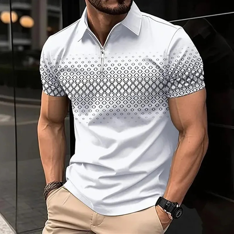 Mens Summer Fashion Lapel Zipper Print ShortSleeved Polo Shirt Light Business Casual Daily Top 240807