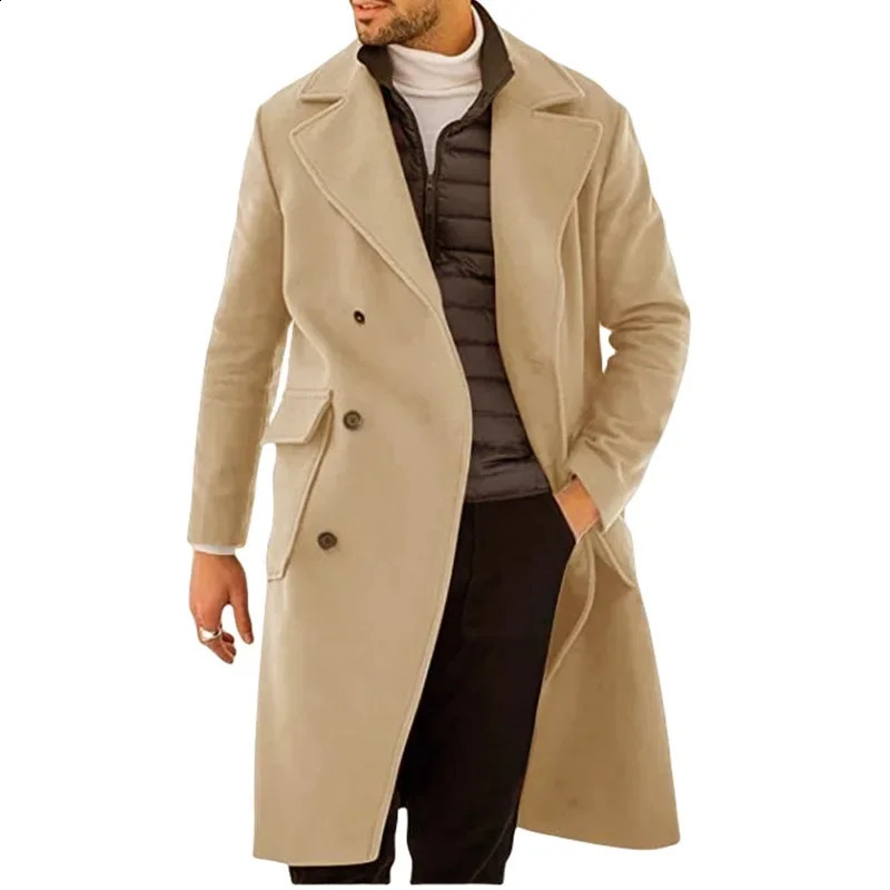 Mens Loose Cardigan Double Breasted Large Coat Autumn Winter Woolen Coat Mens Vintage Long Sleeve Lapel Pocket Woolen Coat 240812