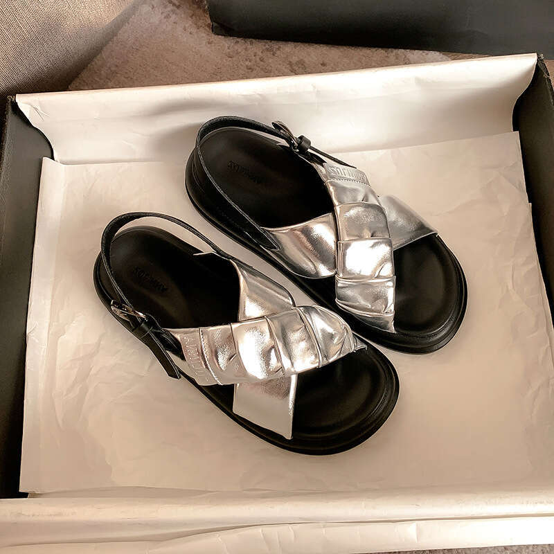 2024 Designer Sandal Womens Sandal New Cross Belt Thick Sole Roman Sandals For Women's Outwear Lightweight And Comfortable Soft Leather Pleated B
