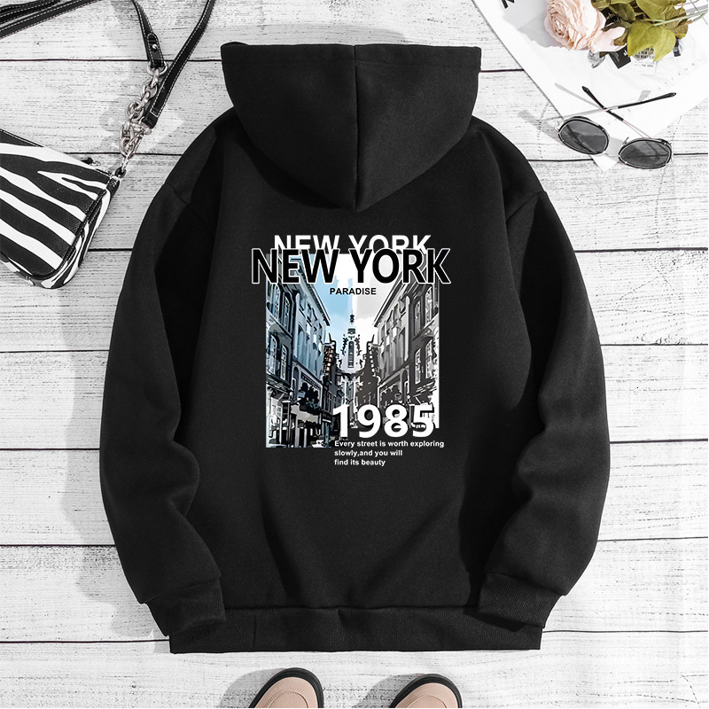 New York City Printed Hoodie for Autumn Winter, with Back Collar and Velvet, Women's Top F7.31#25